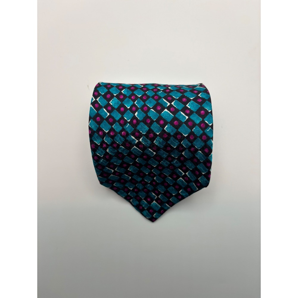 Jones New York Mens Silk Necktie Teal Magenta Geometric Hand Printed Tie